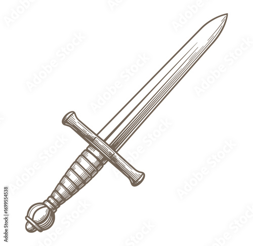 Intricately detailed engraved illustration of a medieval european sword on white background
