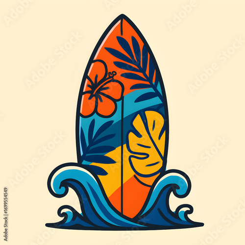 Vibrant illustration of a surfboard patterned with tropical leaves and a hibiscus flower, emerging from ocean waves, symbolizing summer fun and beach adventures