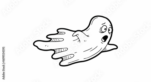 A whimsical hand drawn cartoon flying ghost with a startled expression, perfect for Halloween and spooky themes