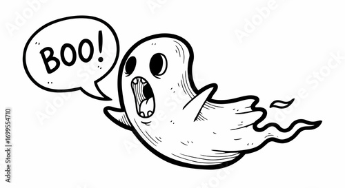 Scary hand drawn cartoon flying ghost shouting boo in a speech bubble. Spooky black and white phantom illustration for Halloween design