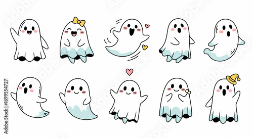 Collection of hand drawn cartoon flying ghost illustrations in various poses and expressions for Halloween decorations and spooky designs