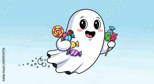 Hand drawn cartoon flying ghost with candy in a Halloween-themed illustration, perfect for holiday fun