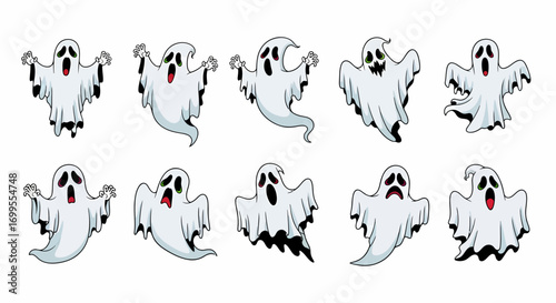Hand-drawn Cartoon Flying Ghost Collection Spooky Halloween Decorations and Graphic Elements