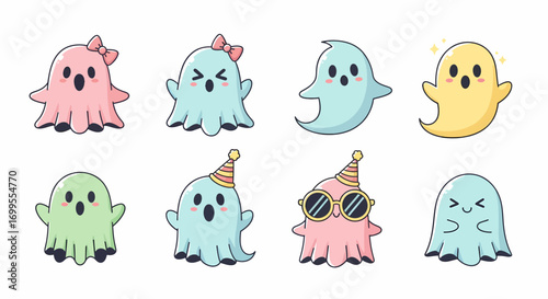 Cute Hand Drawn Cartoon Flying Ghost Collection Adorable and Spooky Halloween Characters