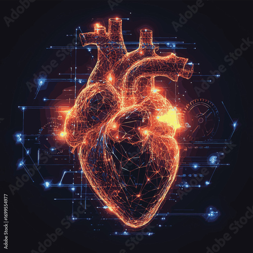 Futuristic biohacking concept with glowing low polygona anatomical human heart and gear mechanisms , vector style simple color