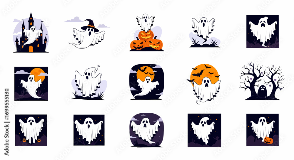 Fototapeta premium A delightful collection of hand drawn cartoon flying ghost characters and spooky spectral spirits for Halloween night, perfect for various festive designs and creepy season illustrations