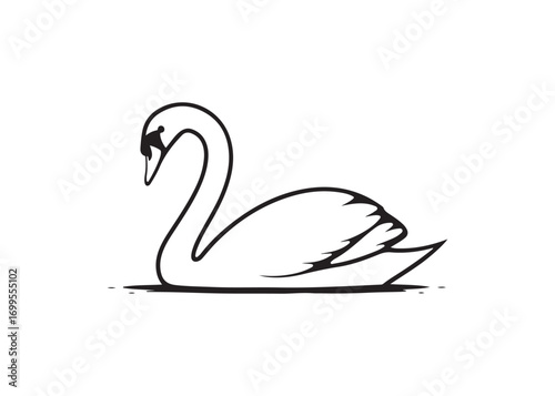 Elegant Black and White Swan Line Art Illustration, Serene Waterfowl Design, Graceful Aquatic Bird