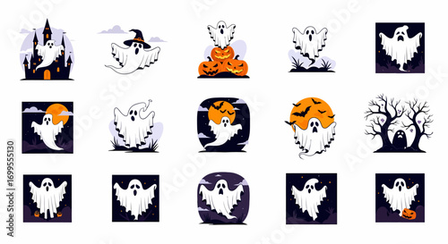 A delightful collection of hand drawn cartoon flying ghost characters and spooky spectral spirits for Halloween night, perfect for various festive designs and creepy season illustrations