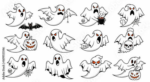 Spooky and Playful Hand Drawn Cartoon Flying Ghost Set for Halloween – Eerie Spirits with Expressive Faces, Bats, Pumpkins, and Cauldrons, Perfect for Festive Holiday Designs