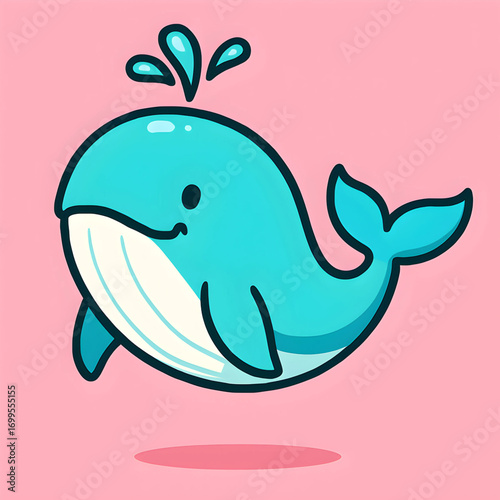 Happy kawaii whale cartoon icon. Playful blue sea animal character splashing water from its blowhole, a simple vector graphic for kids