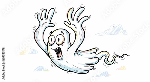 Hand Drawn Cartoon Flying Ghost on a Whimsical Flight in the Sky