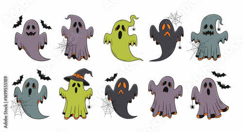 Collection of adorable and spooky hand drawn cartoon flying ghost characters. A set of eerie phantoms for Halloween design elements, isolated on a white background