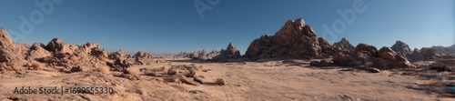 Breathtaking hdr panoramic landscape of rocky desert terrain captured in high definition clear blue sky environment