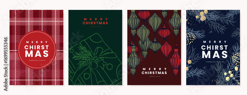 Christmas and Happy holiday greeting card vector set. Elegant wallpaper with pine leaves, gift, bauble, pinecone. Holidays design illustration for cover, print, poster, Happy New Year, ads.