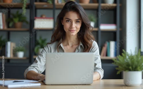 Portrait of focused female executive typing on a laptop at corporate office. High quality