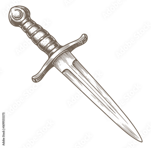 Vintage engraved illustration of a medieval dagger or combat knife on a white background