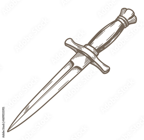 Vintage hand drawn illustration of a dagger with a detailed handle and sharp blade