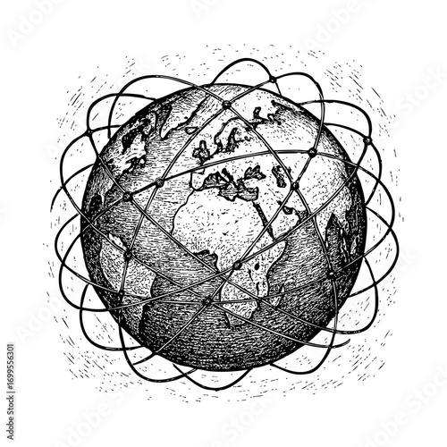Hand Drawn Engraved Globe with Multiple Satellite Orbits Vector Illustration in Black and White