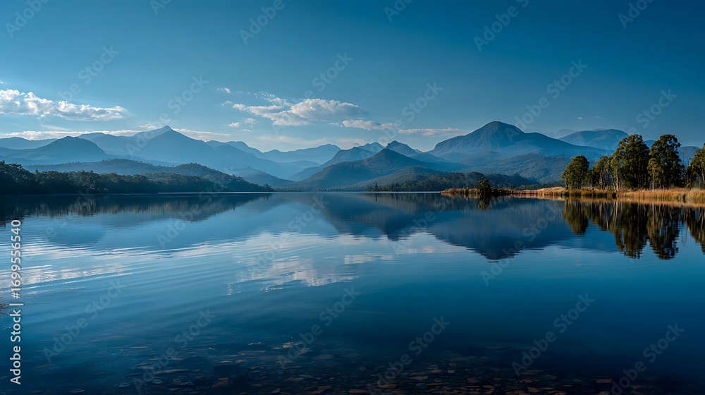 Obraz premium Scenic lake reflecting mountains and trees on a sunny day with blue sky