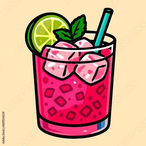 Refreshing Pink Cocktail with Lime and Mint