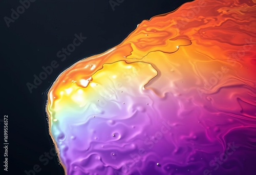 Rainbow sheen of spilled oil slick on dark water surface,  lake,  dark