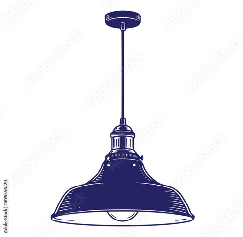 Vintage style pendant lamp illustration in a monochromatic blue graphic design