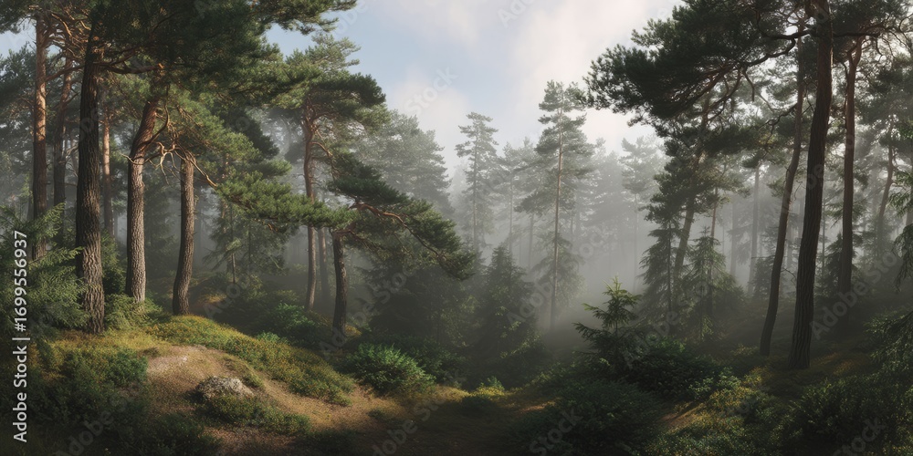 Fototapeta premium Misty forest path nature hdr panoramic view