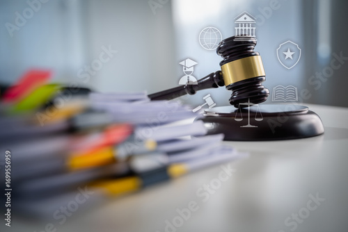 Photos Business law concept with judge gavel and stacked documents on office desk, symbolizing corporate legal advice, compliance, contract regulation, and professional justice system