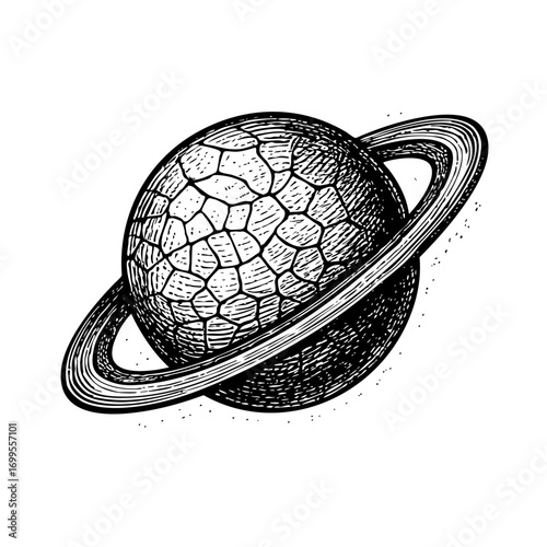 Hand Drawn Engraved Cracked Surface Saturn Planet with Rings Vector Illustration in Black and White