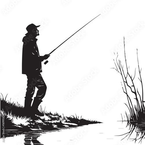 Black fishing Silhouette Vector, High Quality Illustration on White Background