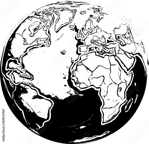 Graphic illustration of Earth, showing continents and oceans in a black and white outline.