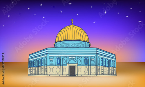 Qubbat Ash Shakhrah as name Dome of the rock mosque vector illustration for Isra and Miraj or Al-Isra wal Mi'raj, the night journey and ascension of prophet Muhammad. Ramadan Kareem, Eid Mubarak.