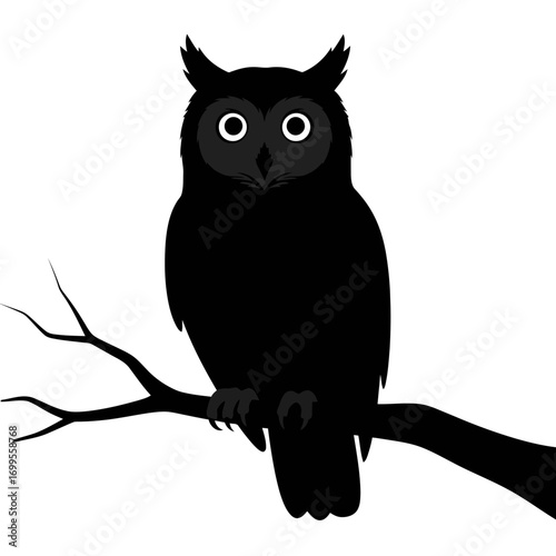 Black owl silhouette sitting on a branch isolated on white background
