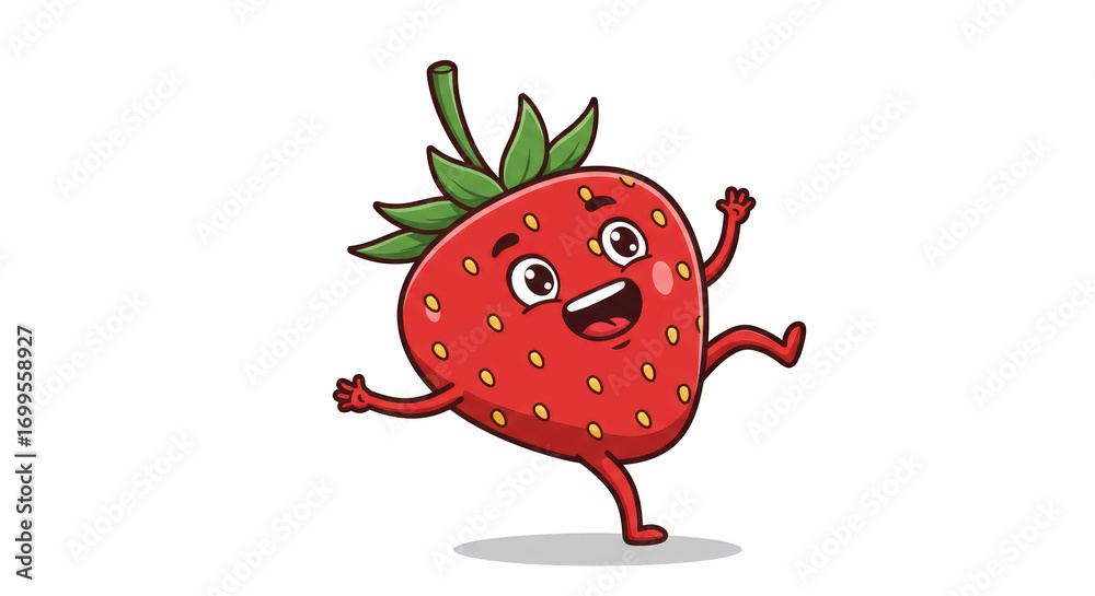 Fototapeta premium Happy Cartoon Strawberry Character Dancing Joyfully detailed illustration featuring vector, berry, green, food, illustration, strawberry concept design for