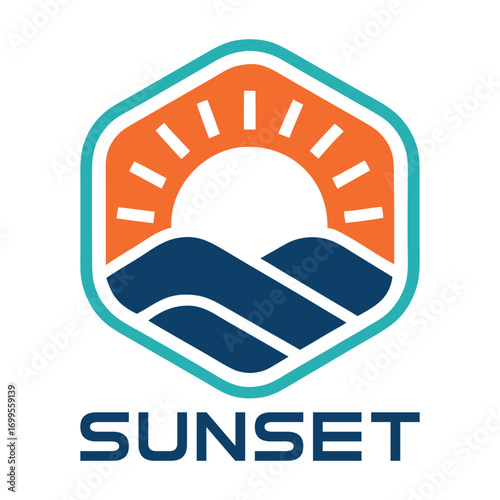 Hexagonal logo with orange sun over blue waves and text S U N S E T sunrise sunset