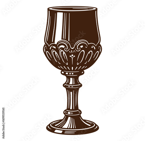 Decorative etched goblet illustration with ornamental details and stem in elegant brown color
