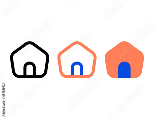 Three stylized house icons in black orange and blue