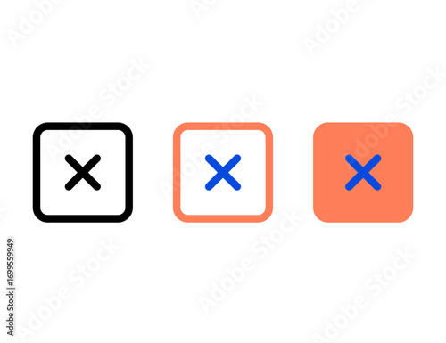 Three stylized icons of a cross mark within rounded squares