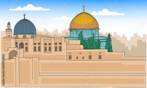 Landscape Of Jerusalem Old City With View Masjidil Al-Aqsa Mosque and The Dome Of The Rock. Jerusalem Palestine City Line Background, Drawing Vector illustration.