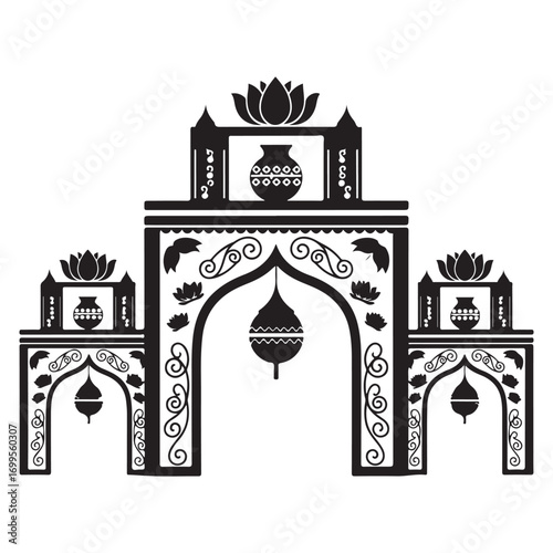 Intricate black and white indian wedding archway with decorative elements
