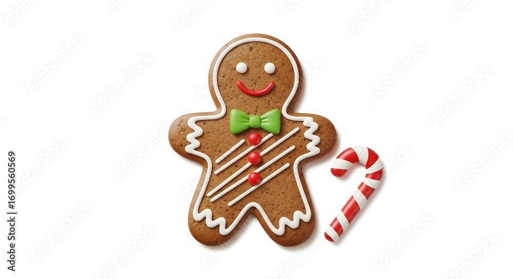 Fototapeta premium Gingerbread Man with Candy Cane A Festive Christmas Holiday Treat Illustration