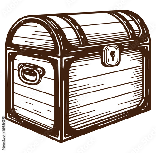 Detailed illustration of a wooden treasure chest in a hand drawn engraved style