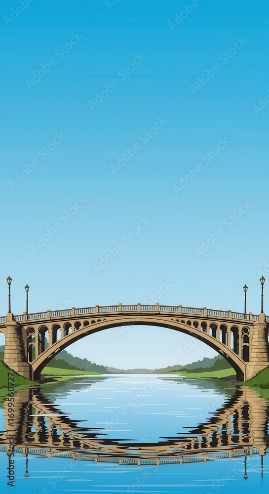 Obraz premium A serene arched bridge spans a calm river under a clear, bright sky, reflected perfectly in the water's surface.