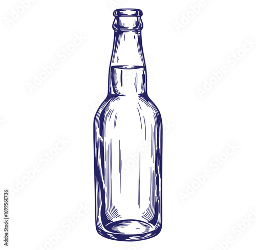 Detailed vintage illustration of an empty beer bottle isolated on white background for design