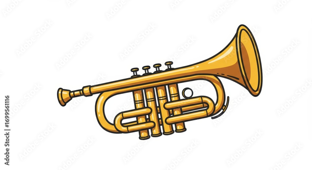 Obraz premium A simple, cartoon-style illustration of a brass trumpet, bright yellow/gold color, highlighted against a plain white background.