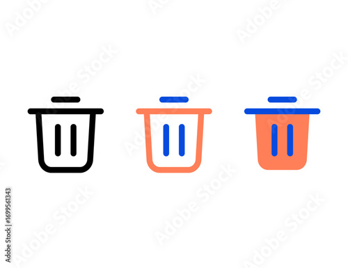 Three stylized trash can icons in black orange and blue