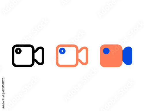 Three stylized video camera icons in black orange and blue