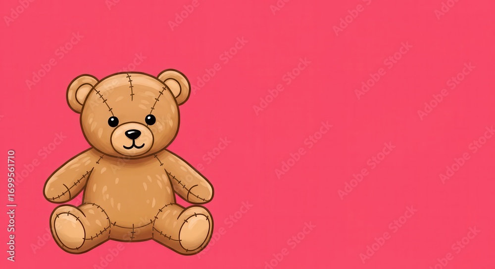 Fototapeta premium A charming teddy bear, depicted in a simple, cartoon style, sits against a vibrant pink background.