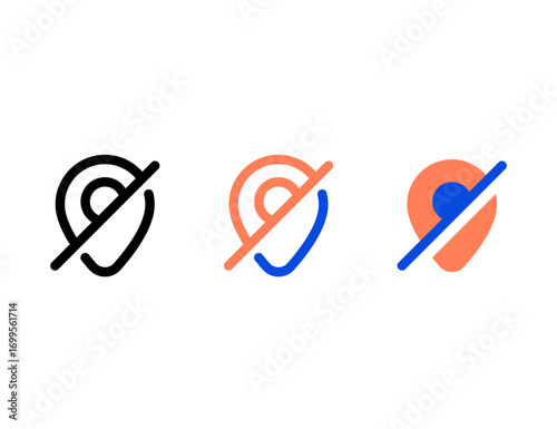Three stylized location pin icons with diagonal lines