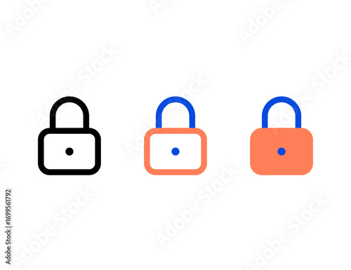 Three stylized padlock icons in black blue and coral